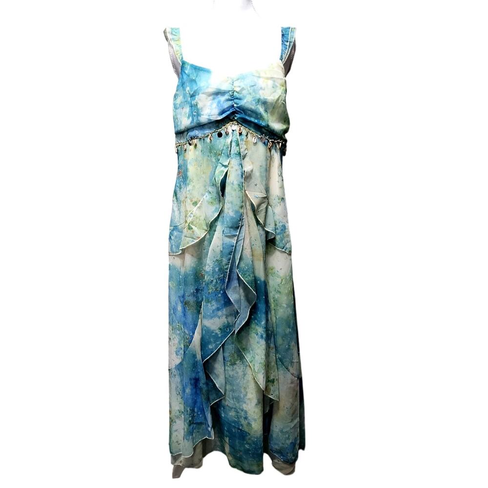 Fairycore Y2K Coquette full length dress sz 12 ruffles Floral Forest blue white